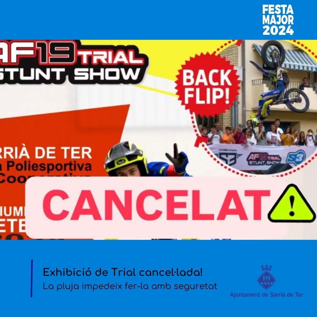 L'exhibició de trial d'Arnau Farré queda cancel·lada a causa de la pluja. La seguretat és el primer! Esperem poder gaudir del seu espectacle aviat!