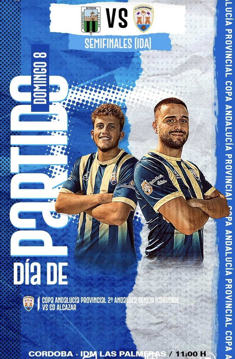 Buenos días Futboler@s!!!

Día de partido, hoy desde las 11h en el IDM Las Palmeras, el equipo senior juega la ida de las semifinales de la Copa Andalucía frente al CD Alcázar en las que intentará traerse un buen resultado para la vuelta del próximo fin de semana.

💙💛💙💛💙