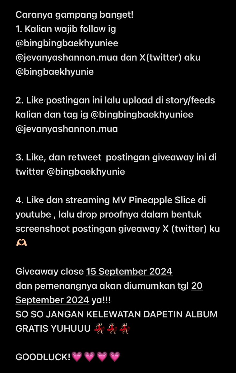 BAEKHYUN COMEBACK GIVEAWAY !

hadiahnya banyak loh!! 🥰 
Spay 10k untuk 5 org
Spay 25k untuk 2 org 
Dan 1 Album “Hello World” versi Pineapple🔥

Jangan sampe kelewatan buat dapetin album gratis!! 
caranya kalian bisa liat dinext foto ya!

#baekhyun #giveaway #exo #pineappleslice