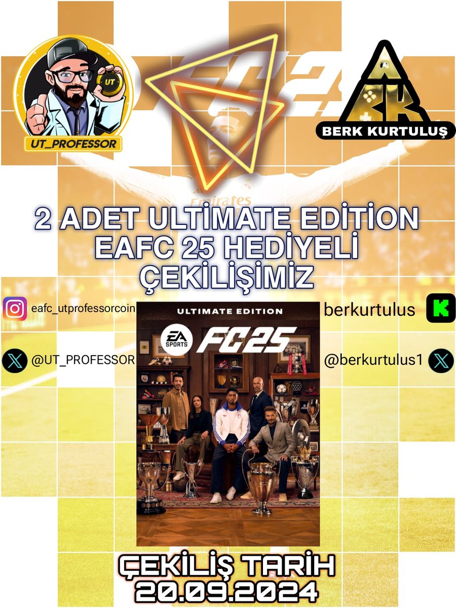 🍁2 Adet Ultimate Edition EAFC25 Çekilişi!  

Çekiliş sonuçlarını 20 Eylül saat 18:00'da kick.com/berkurtulus açıklayacağız. 

🌴Katılım şartları; 
Kanalı takip edip discord sunucumuzu ve X hesabımızı takip edebilirsiniz..LİNK yorumlar üzerinden bağlantı sağlayabilirsiniz.