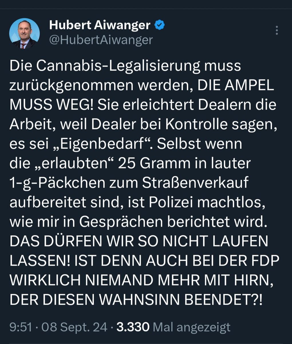 MKUltra__420's tweet image. Es ist amtlich. Hubert Aiwanger und die @fw_bayern unterstützen öffentlich die organisierte Kriminalität und wollen dieser 100% vom Markt zurückgeben.
Dafür wollen sie eine ideologische und katastrophale Politik betreiben, die unbescholtene Bürger und Bürgerinnen kriminalisiert.