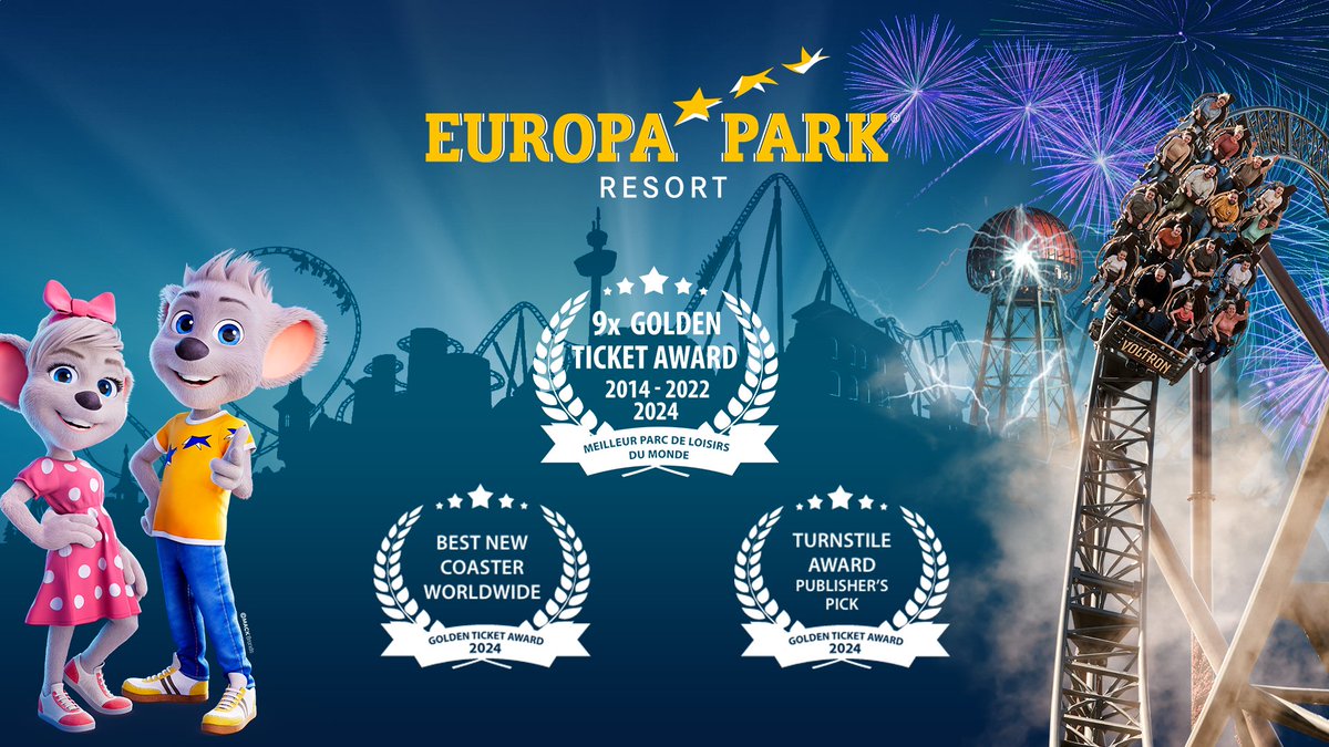 Wow ! 🤩 Nous avons remporté trois Golden Ticket Awards cette  année ! 👏🏆 Europa-Park a été élu pour la 9e fois « Meilleur parc de  loisirs du monde », Voltron Nevera « Meilleur nouveau grand huit du  monde » ⚡🌍 et l'Autriche a reçu le « Turnstile Award » (Publisher's  Pick).