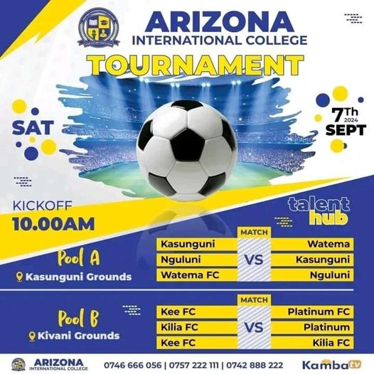 ArizonaICollege's tweet photo. SATURDAY 7th August 2024 RESULTS
Arizona International College Tournament
Makueni Chapter
Preminaries Match results 📷 Today.
📷
📷Kasunguni 1-0 Watema FC
📷Kasunguni 1- 0 Nguluni FC
📷Kee FC 1-5 Platinum FC.
https://t.co/UY8nVci7gy https://t.co/x1UQLAzZfw