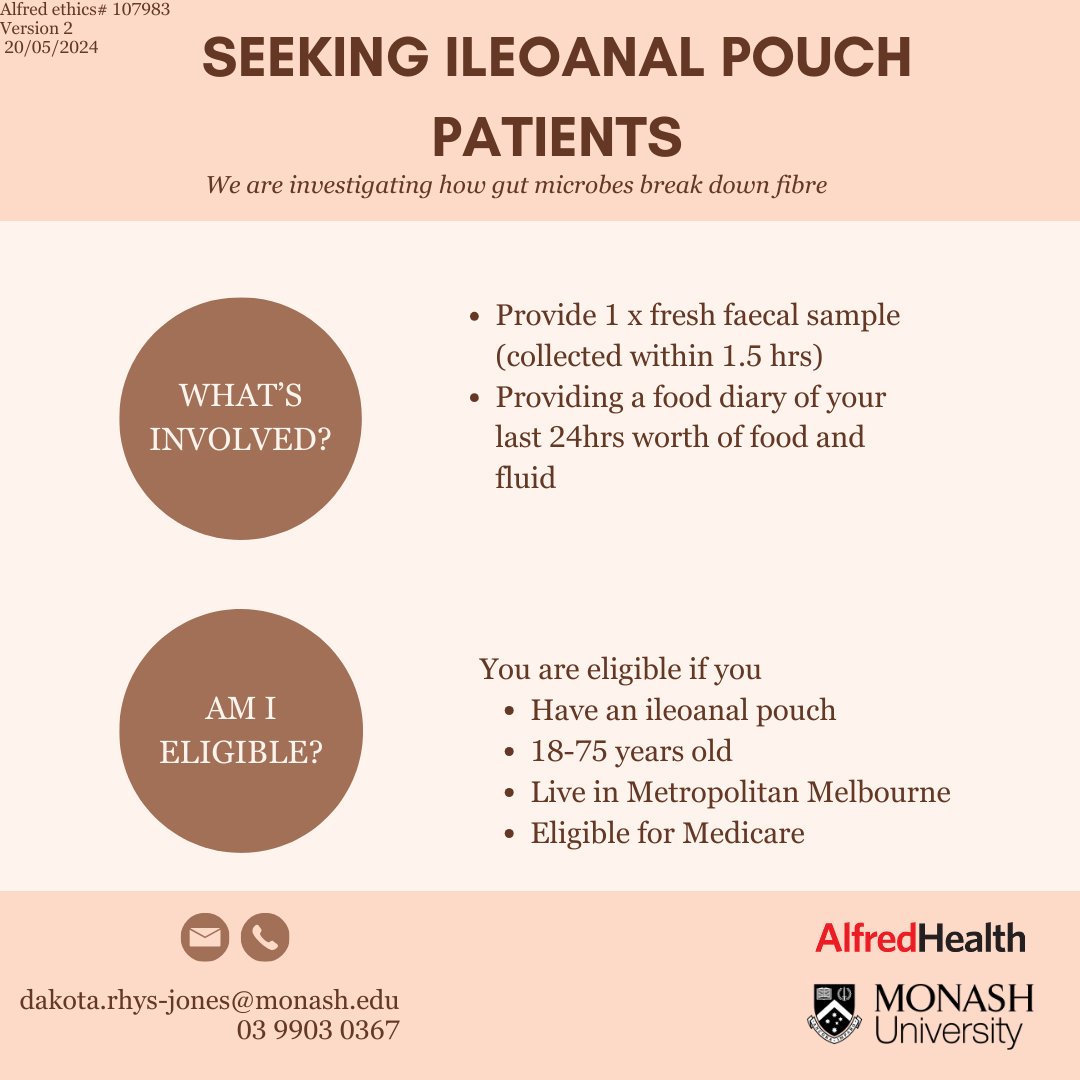 Monash FODMAP (@monashfodmap) on Twitter photo Calling patients with an ILEOANAL POUCH who live in Melbourne, Australia
Researchers at Monash Uni & The Alfred are investigating how different fibres get broken down by the microbes in our gut.
If you meet the criteria & are interested, contact dakota.rhys-jones@monash.edu Calling patients with an ILEOANAL POUCH who live in Melbourne, Australia
Researchers at Monash Uni & The Alfred are investigating how different fibres get broken down by the microbes in our gut.
If you meet the criteria & are interested, contact dakota.rhys-jones@monash.edu