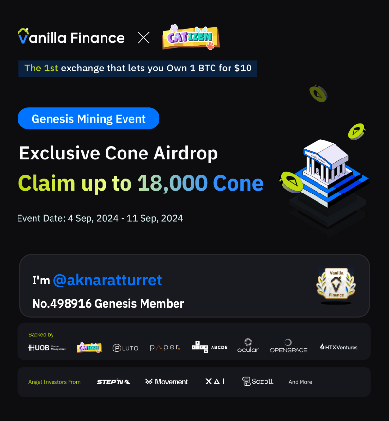 #VanillaFinance is the 1st exchange that lets you own 1 Bitcoin for $10. Genesis mining is live now. Claim up to 18,000 Cone! #Airdrop #Miniapp.<a href="/VanillaFinance/">Superp (Formerly Vanilla Finance)</a>