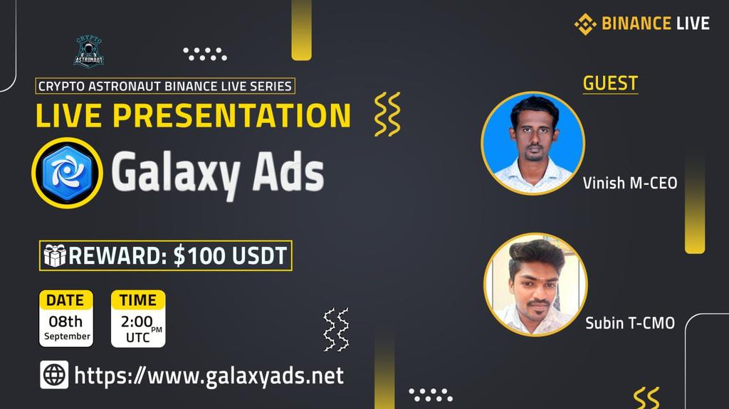 CRYPTO ASTRONAUT (@cryptoas_tw) on Twitter photo We're thrilled to announce our next #AMA with"Galaxy Token"on 8th September 2024 at, 2:00 PM UTC
πΆ πππ‘ππ‘ππ πππ©π πΆ
π Venu: binance.com/en/live/u/4262β¦
π Reward Pool: $100 USDT
π°Rules
Follow <a href="/CryptoAs_TW/">CRYPTO ASTRONAUT</a> & <a href="/galaxyadsin/">Galaxy Ads</a>
π Comment & Like,Retweet & Follow We're thrilled to announce our next #AMA with"Galaxy Token"on 8th September 2024 at, 2:00 PM UTC
πΆ πππ‘ππ‘ππ πππ©π πΆ
π Venu: binance.com/en/live/u/4262β¦
π Reward Pool: $100 USDT
π°Rules
Follow <a href="/CryptoAs_TW/">CRYPTO ASTRONAUT</a> & <a href="/galaxyadsin/">Galaxy Ads</a>
π Comment & Like,Retweet & Follow