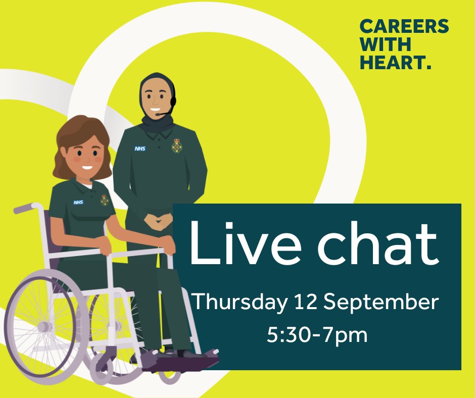 Diary date! Our next live chat is Thursday 12 September, 5:30-7pm.
Our recruitment live chats provide an opportunity to talk online with our expert team members who can answer any career questions you may have.
Join in on our website: nwas.nhs.uk/careers/