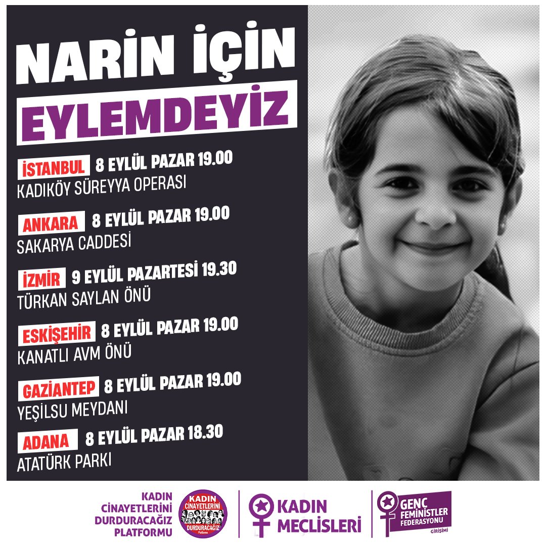 KadinCinayeti's tweet photo. 📢 #Narin için meydanlardayız!

İstanbul, Ankara, İzmir, Eskişehir, Gaziantep ve Adana'da buluşuyoruz. https://t.co/aMmtp4Wa1Y