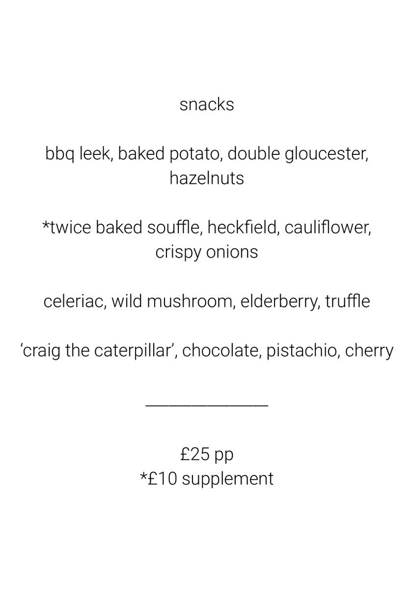 Our next menu. Autumn flavours.

Runs from 17th September - 12th October.

Lunch menu available Thursday to Saturday. 
A snack and 3 courses for £25. 

Vegetarian menu also available.

coarse.restaurant/reserve