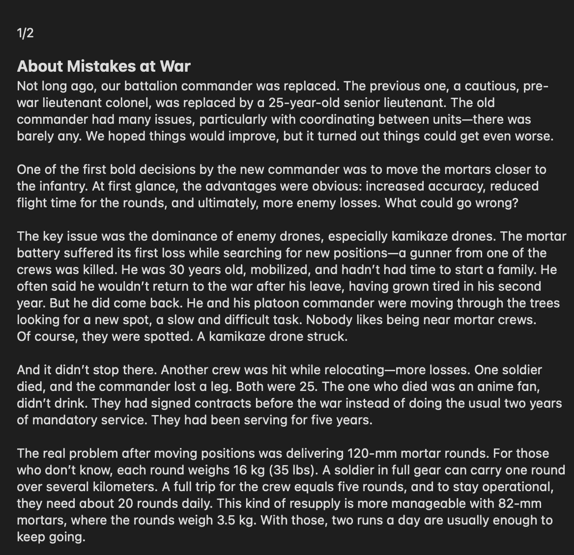 wartranslated's tweet photo. Interesting story from a Russian mobilised man titled "mistakes at war" about the new battalion commander's decision to relocate mortars closer to infantry which led to devastating losses from Ukrainian drones, resulting in more casualties in three weeks than in the previous 2.5 years.
The shortage of qualified personnel on the Russian side is real.