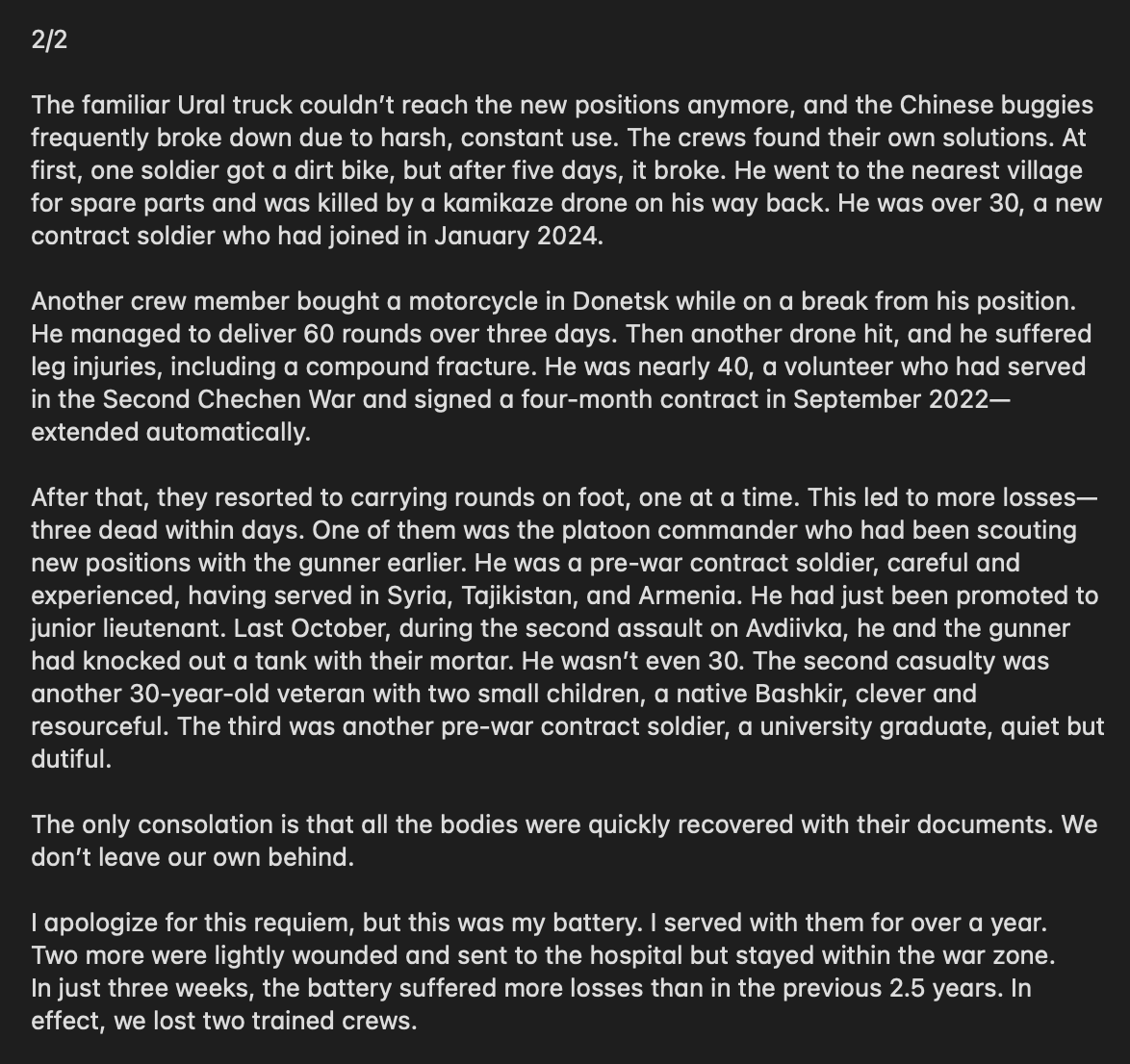 wartranslated's tweet photo. Interesting story from a Russian mobilised man titled "mistakes at war" about the new battalion commander's decision to relocate mortars closer to infantry which led to devastating losses from Ukrainian drones, resulting in more casualties in three weeks than in the previous 2.5 years.
The shortage of qualified personnel on the Russian side is real.
