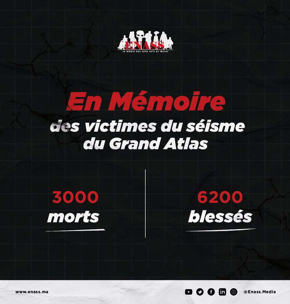EnassMedia's tweet photo. ⚫️🔴 En mémoire des victimes du Séisme Ne les oublions pas.
#ENASS #maroc #grandatlas #séismegrandatlas #haouz #grandatlas #Séisme #reconstruction #ighil #reportage #médiadessansvoix https://t.co/rOxBVWWxeM