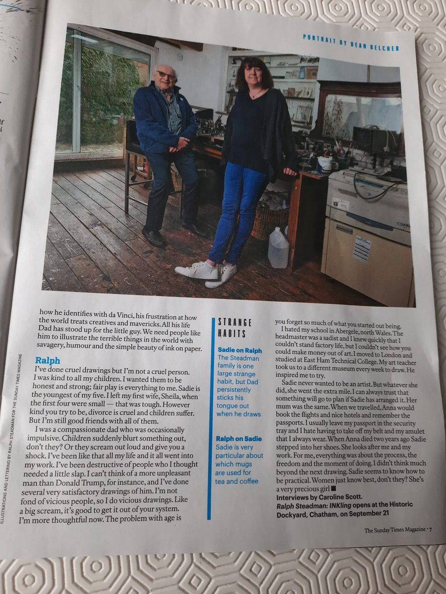 SteadmanArt's tweet photo. In today's Sunday @TheTimes magazine, Relative Values - Ralph and Sadie talk art, Hunter and tantrums...
#SundayTimes #Interview #RalphSteadman #RelativeValues https://t.co/uLTUef4fgS