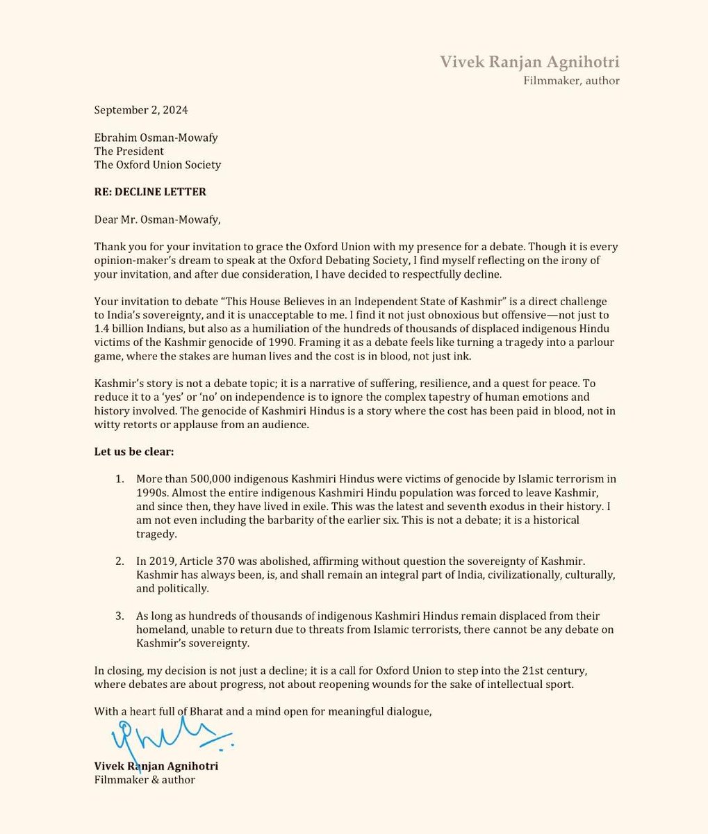 thekiranbedi's tweet photo. Vivek Agnihotri declines invitation of Oxford Union Society for debate on Kashmir status. 
A letter worth reading over and over again.......! @vivekagnihotri https://t.co/Y0lsgxIvpC