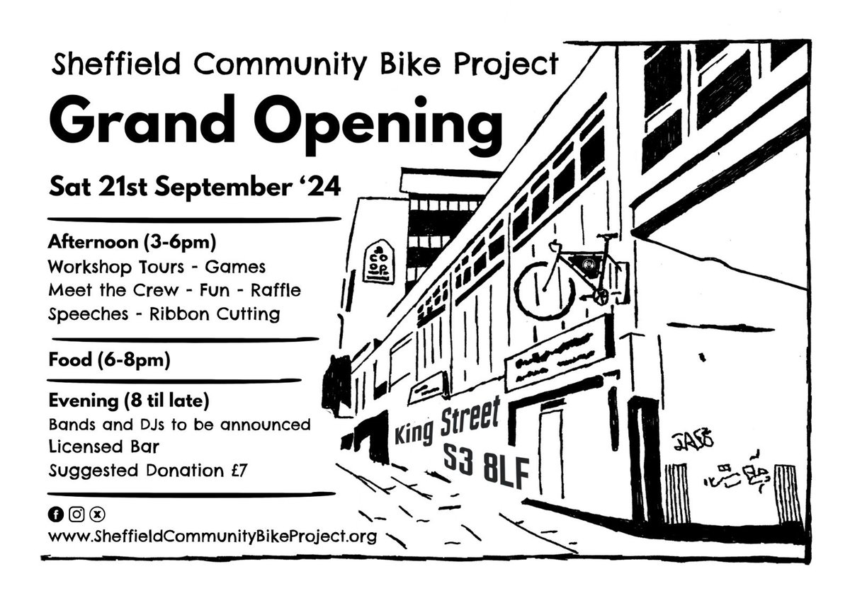 Looking for a pay-as-you-feel community bike workshop? 🚴

Sheffield Community Bike Project have moved into a new workshop and the grand opening is Saturday 21st September!

They also have a Crowdfunder if you can help support
👉 bit.ly/47kHfyK