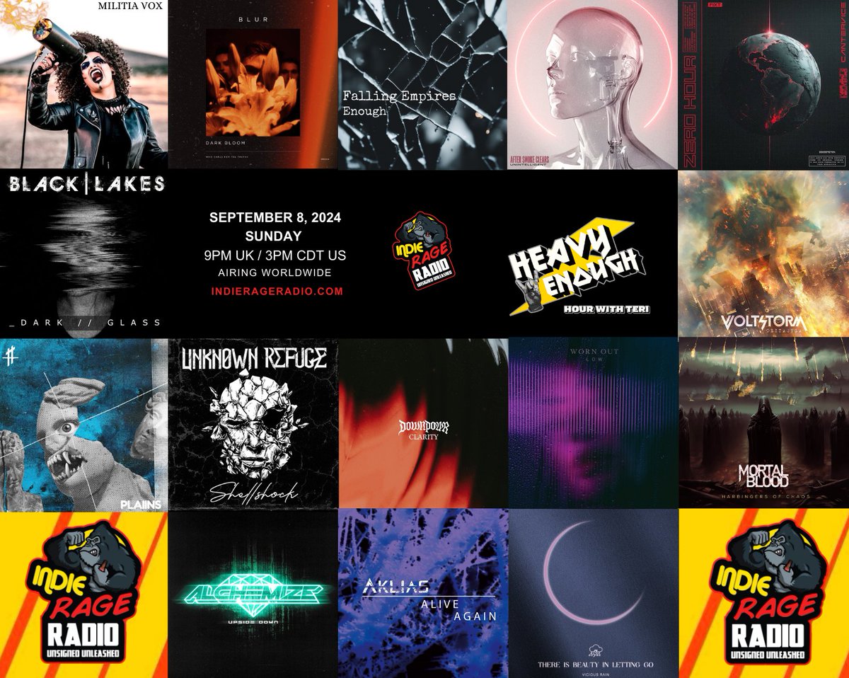 MusicMattersTee's tweet photo. Today 9pmUK 4pmEST  Tune into @IndieRageRadio 
🔊https://t.co/fbYDNfmgnz 
#HeavyEnough play brilliant new music from-
@MilitiAismyname @BlackLakesUK #Plaiins #DarkBloom @Unknown_Refuge @alchemize_uk #FallingEmpires +more Enjoy! 
Info: https://t.co/ivr7EnJbZH 
#NewMusicAlert https://t.co/K0PJwZD5cY