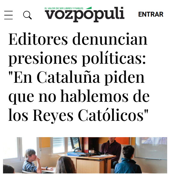 CCivicaCatalana's tweet photo. Los editores de libros de texto, hartos del cachondeo autonómico:

"En España tenemos 17 sistemas educativos totalmente descoordinados unos de otros. En Cataluña nos piden no hablar nada de los Reyes Católicos pero sí de una supuesta 'Corona catalano-aragonesa' que nunca existi��" https://t.co/C6JgNXgSCm