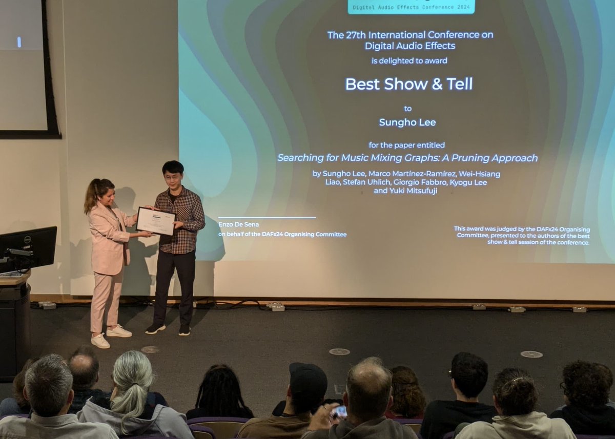 Marco Martínez (@marcoamaram) on Twitter photo And happy for the Best Show & Tell Award ! It feels good that a mixing paper got some love at DAFx😊
Congrats <a href="/sh_lee_97/">Sungho Lee</a> and all our collaborators at Sony AI and SNU ! 🎉
Check out our demo and open-source library—GRAFX
github.com/sh-lee97/grafx
sh-lee97.github.io/grafx-prune/ And happy for the Best Show & Tell Award ! It feels good that a mixing paper got some love at DAFx😊
Congrats <a href="/sh_lee_97/">Sungho Lee</a> and all our collaborators at Sony AI and SNU ! 🎉
Check out our demo and open-source library—GRAFX
github.com/sh-lee97/grafx
sh-lee97.github.io/grafx-prune/