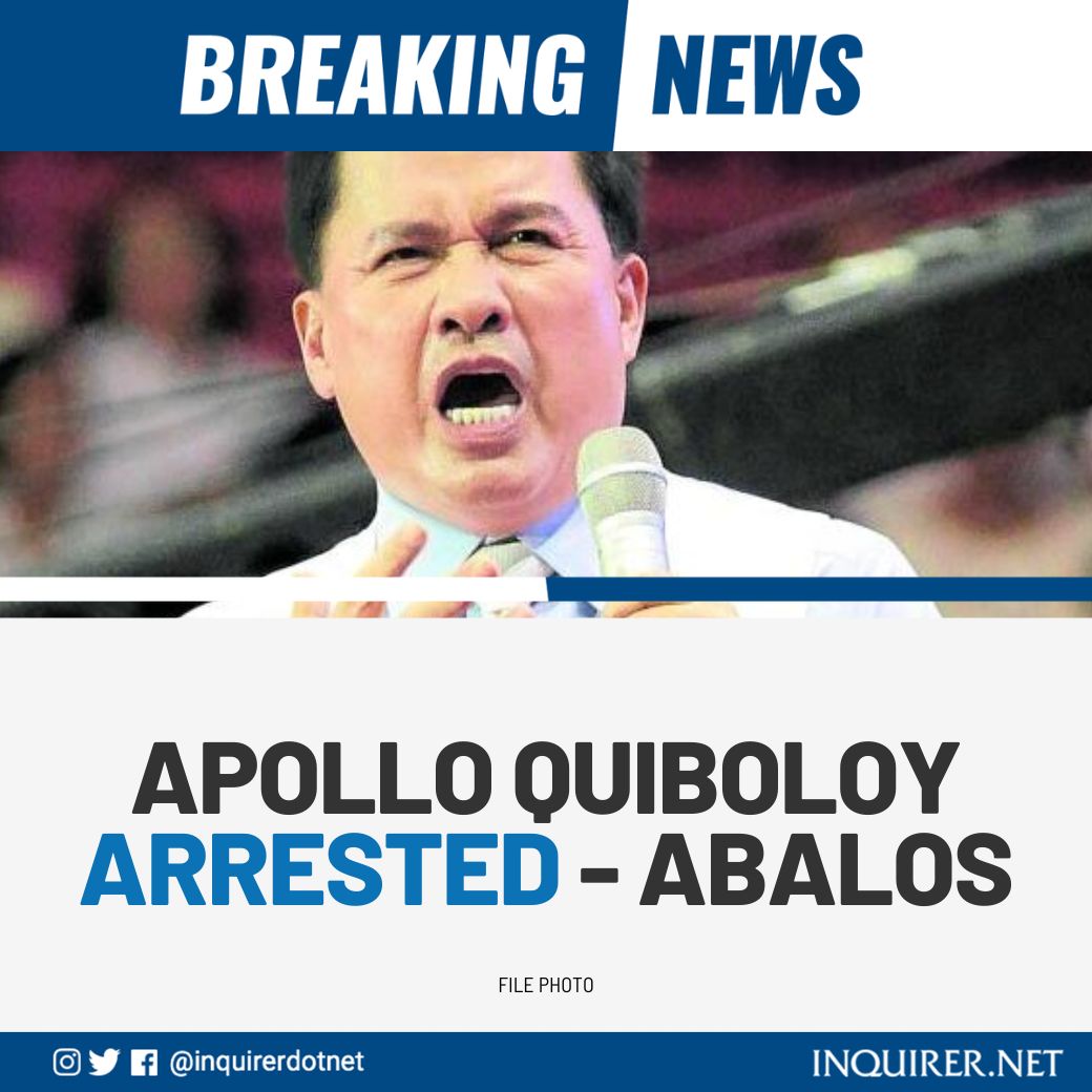 Inquirer (@inquirerdotnet) on Twitter photo BREAKING: Fugitive televangelist Apollo Quiboloy has been arrested, according to DILG chief Benhur Abalos.
Abalos bares the news in a Facebook post but did not reveal details of Quiboloyโs arrest.
โNAHULI NA PO SI APOLLO QUIBOLOY,โ his post says. | <a href="/FArgosinoINQ/">Faith Argosino</a>
READ MORE: BREAKING: Fugitive televangelist Apollo Quiboloy has been arrested, according to DILG chief Benhur Abalos.
Abalos bares the news in a Facebook post but did not reveal details of Quiboloyโs arrest.
โNAHULI NA PO SI APOLLO QUIBOLOY,โ his post says. | <a href="/FArgosinoINQ/">Faith Argosino</a>
READ MORE: