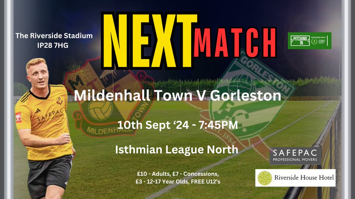 Mildenhall Town FC (@mildenhalltown) on Twitter photo We are back in action with our first Tuesday night game of the season as we welcome <a href="/gorlestonfc/">Gorleston Football Club</a> to The Riverside Stadium this Tuesday 10th Sept, 7:45PM kick-off
The bar and Shane’s Snack Shack will be open as usual
Get along and cheer the boys on
#upthehall We are back in action with our first Tuesday night game of the season as we welcome <a href="/gorlestonfc/">Gorleston Football Club</a> to The Riverside Stadium this Tuesday 10th Sept, 7:45PM kick-off
The bar and Shane’s Snack Shack will be open as usual
Get along and cheer the boys on
#upthehall