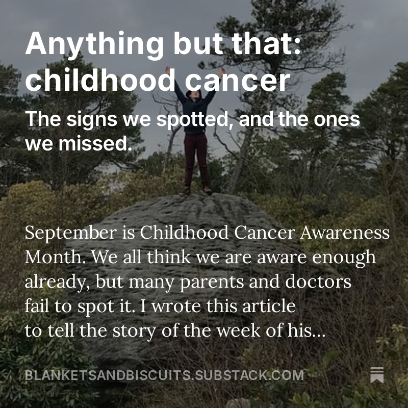 September is Childhood Cancer Awareness Month.  I wrote this article to tell the story of the week of his diagnosis, the signs we spotted, and the ones we missed.
#childhoodcancerawarenessmonth
#CCAM
#GoGoldForSeptember

blanketsandbiscuits.substack.com