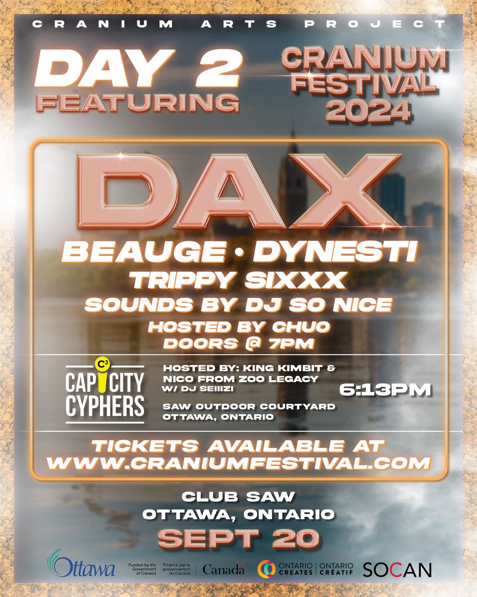 24.09.20 🧠🎵 2024 Cranium Festival: bringing the best in Hip-Hop, R&amp;B, and historically Black music to traditional Algonquin territory “Ottawa, Canada” Upper Turtle Island. 

Come join us for a cypher on Day 2 of the festival hosted by @kingkimbit <a href="/zoolegacy/">Zoo Legacy</a> with @seiiizi.
