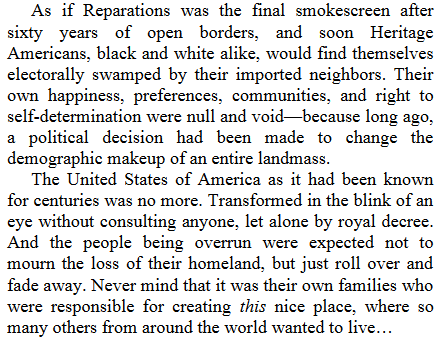 As Americans wake up to the state-sponsored invasion of their country – watching apartment buildings being terrorized by foreign gangs and beloved pets grilled for dinner – consider this excerpt from my 2020 novel Reparations Maze which laments the existential tragedy we face.