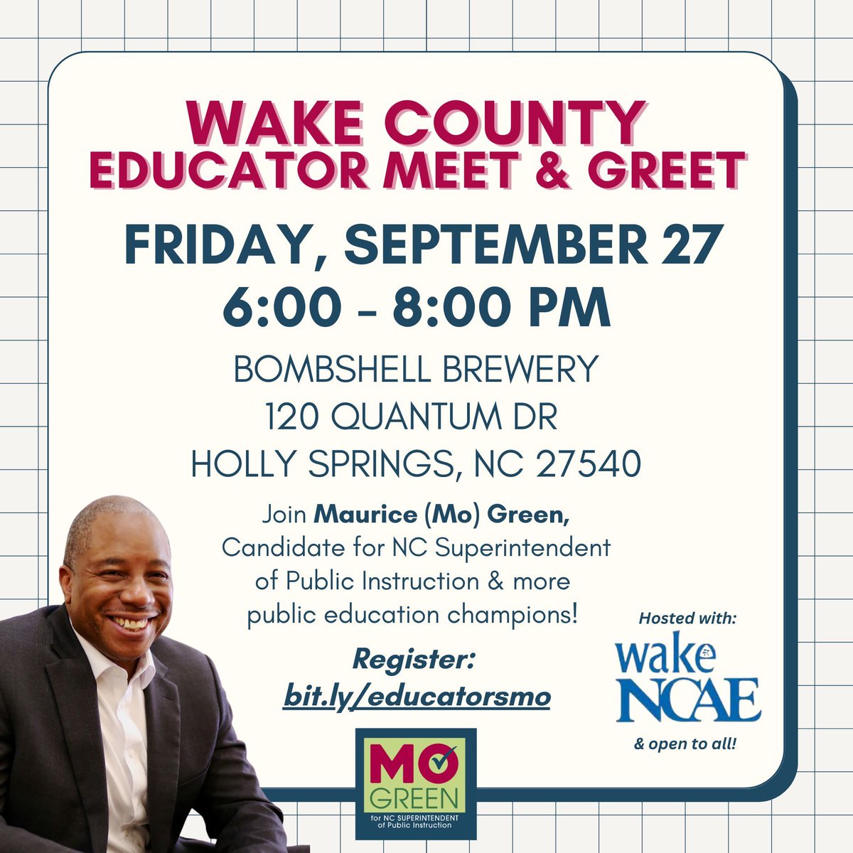 Wake NCAE (@wake_ncae) on Twitter photo 📆 SAVE THE DATE 📆
Join us for a <a href="/MoGreenforNC/">Mo Green for NC</a> Campaign Event and Educator Meet and Greet!
We will also be joined by candidates @Lindsay4Wake, <a href="/LisaGrafstein/">Lisa Grafstein</a>, and <a href="/TeamJackson4NC/">Safiyah Jackson</a>!
September 27
6-8pm
#wcpss #nced 📆 SAVE THE DATE 📆
Join us for a <a href="/MoGreenforNC/">Mo Green for NC</a> Campaign Event and Educator Meet and Greet!
We will also be joined by candidates @Lindsay4Wake, <a href="/LisaGrafstein/">Lisa Grafstein</a>, and <a href="/TeamJackson4NC/">Safiyah Jackson</a>!
September 27
6-8pm
#wcpss #nced