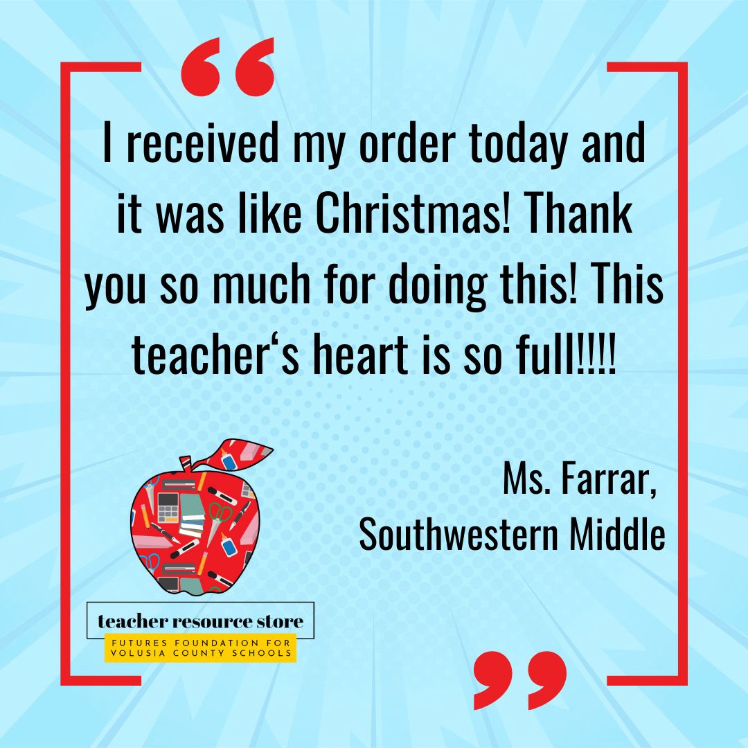 FUTURES loves to hear from our @VolusiaSchools teachers after they receive their Teacher Resource Store supplies. Orders keep pouring in! We have been working hard to get these  supplies out to our awesome teachers. The store will stay open till Sept. 17th while supplies last.