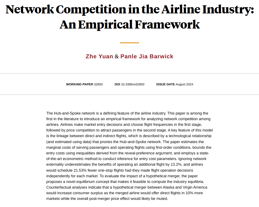 Introducing an empirical framework for analyzing network competition among airlines, from Zhe Yuan and Panle Jia Barwick nber.org/papers/w32893
