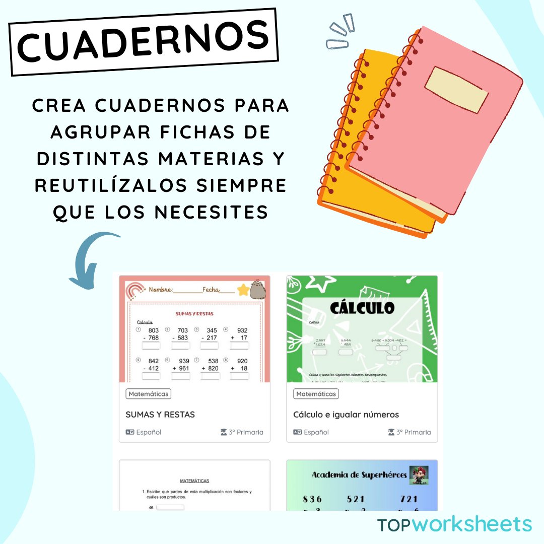 Recuerda que para este curso tienes disponibles los cuadernos 📘 Agrupa tus fichas por materias o por grupos y reutiliza los cuadernos siempre que los necesites 💪 ¡Ahorra tiempo y esfuerzo y mejora el aprendizaje de tus alumnos! 🔥