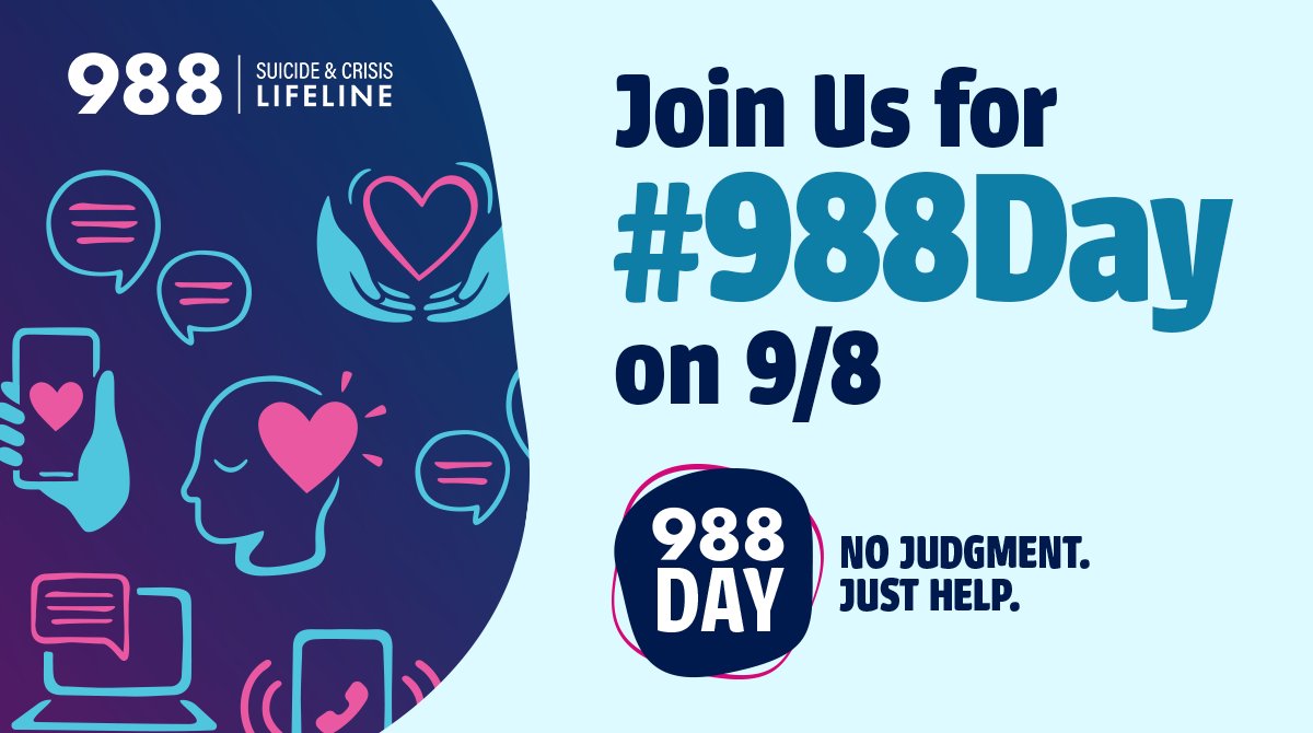 Today, 9/8 marks the inaugural 988 Day! This annual event helps spread awareness of the #988Lifeline &amp; emphasizes the importance of #mentalhealth support. Want to get involved? Share content using #988Day to help spread the word and visit samhsa.gov/988Day to learn more.