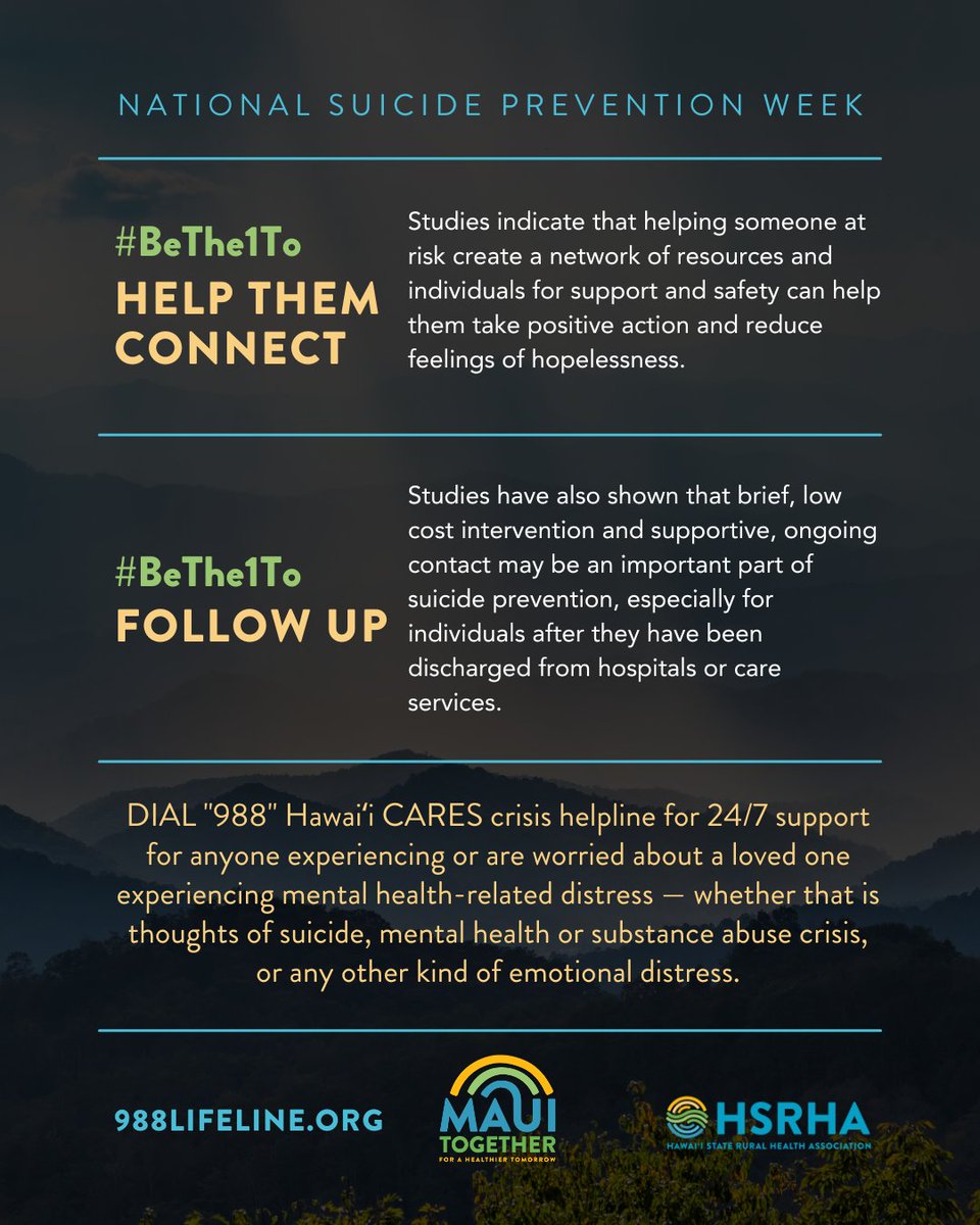 Hawaii_ECHO's tweet photo. #BeThe1To is the 988 Suicide &amp; Crisis Lifeline’s message for National Suicide Prevention Month and beyond, which helps spread the word about actions we can all take to prevent suicide. 

#MauiTogether #SuicidePrevention https://t.co/vOCnC202vs
