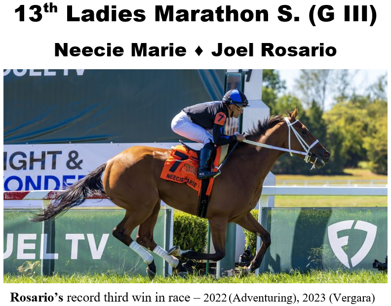 Racing Stats & Info (@garydougherty) on Twitter photo Joel Rosario <a href="/JRosarioJockey/">Joel Rosario</a> goes back to back at Ky. Downs Saturday including a victory in the $2 million Ladies Marathon S. (G III). <a href="/KYDownsRacing/">Kentucky Downs</a>
R5 Alw - Special Wan (IRE), trainer Patrick Foley
R6 Ladies Marathon S. (G III) - Neecie Marie, Robert Reid, Jr. Joel Rosario <a href="/JRosarioJockey/">Joel Rosario</a> goes back to back at Ky. Downs Saturday including a victory in the $2 million Ladies Marathon S. (G III). <a href="/KYDownsRacing/">Kentucky Downs</a>
R5 Alw - Special Wan (IRE), trainer Patrick Foley
R6 Ladies Marathon S. (G III) - Neecie Marie, Robert Reid, Jr.