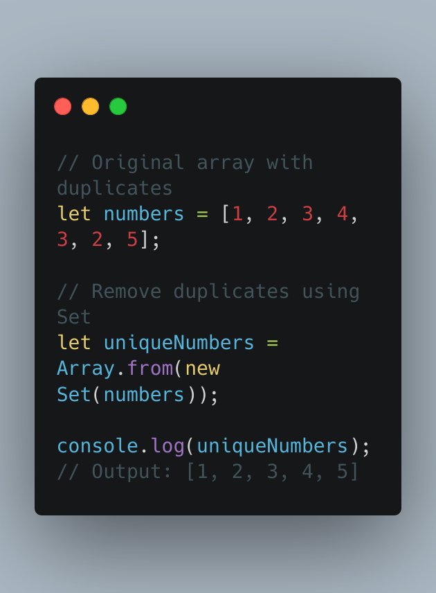 akshay_smec's tweet image. 💡 JS Tip: Use Array.from(new Set(array)) to quickly remove duplicates from an array. Cleaner than loops or filters, and super efficient! 🚀

 #JavaScript #WebDev #CodeSmarter #100DaysOfCode