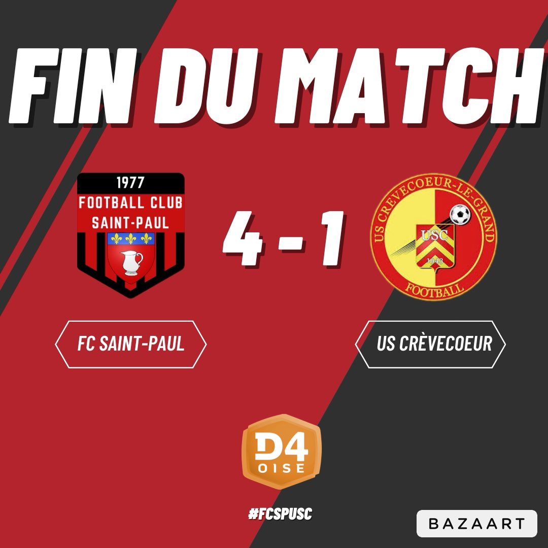 fcsaintpaul's tweet photo. [Fin du match]

Nos seniors empochent leurs trois premiers points de la saison aujourd’hui en championnat. 🔴⚫️

@fcsaintpaul 4️⃣🆚1️⃣ US Crèvecoeur
Théodore ⚽️🎯🎯
Nel ⚽️
Jules ⚽️
Victor ⚽️
Grégory 🎯

#FCSPUSC #TeamFCSP 🔴⚫️ https://t.co/TaGJ1VSSxa
