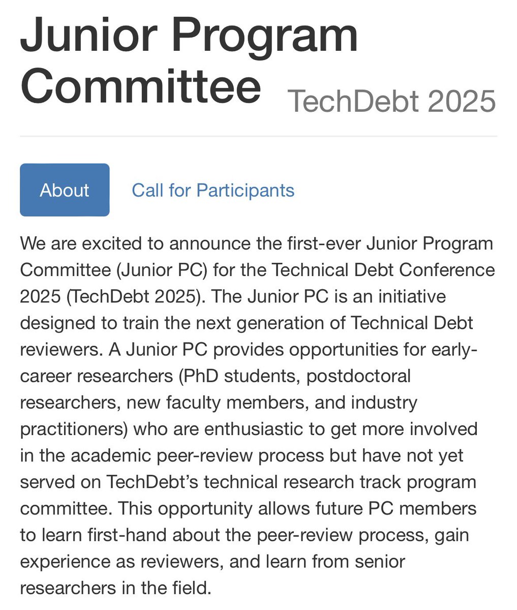 💡 Are you an early-career researcher eager to get involved in academic peer-review processes? Then apply to become a Junior PC member of #TechDebt25 🙌 
🗓️ Important dates:
- Nomination Deadline: 22.09.2024
- Announcement: 04.10.2024
More info👇
conf.researchr.org/track/TechDebt…