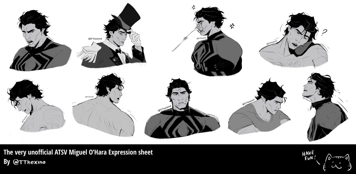 TTheXina's tweet image. The very unofficial ATSV Miguel O’Hara Expression sheet.  (Edited. PSA, outdated art)