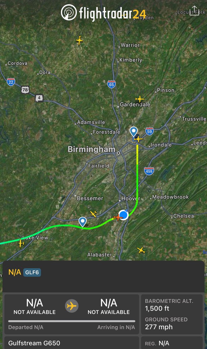 A Gulfstream G650 just flew over in a left bank so low that we could see inside the plane. I thought it was about to crash.  #KBHM #FAA  1500ft at 277mph