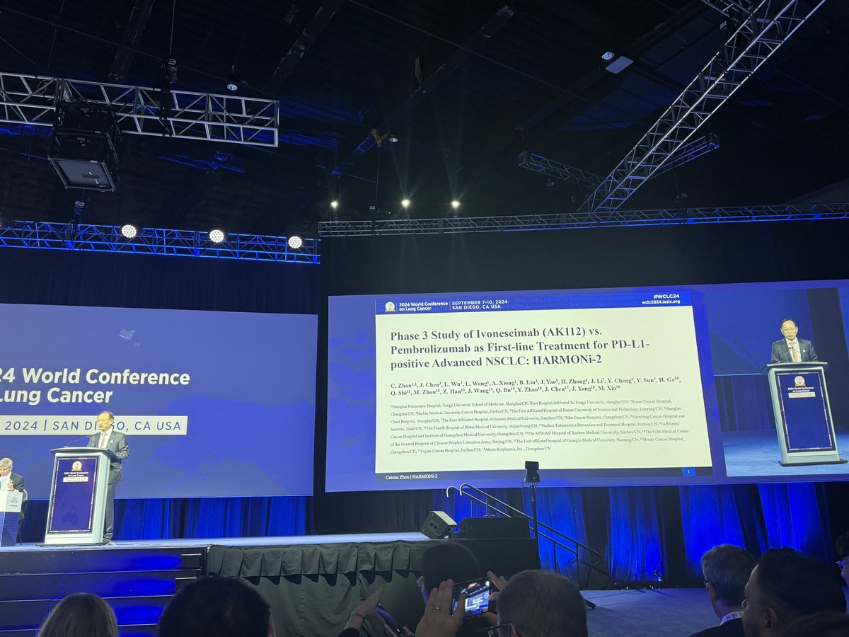 OncLive's tweet photo. #WCLC24 Presidential Symposium started w #HARMONi2 Phase 3 RCT of Ivonescimab vs. Pembro as 1L Therapy for a StageIV NSCLC PDL1+ by
Prof C Zhou
⬆️PFS 11.1 vs 5.8 mos (HR 0.51)
⬆️ORR 50 vs 38.5%
➡️ PD1/VEGF+chemo potentially better upfront but need OS
@OncLive takeover @Latinamd https://t.co/jSrN2oELJB