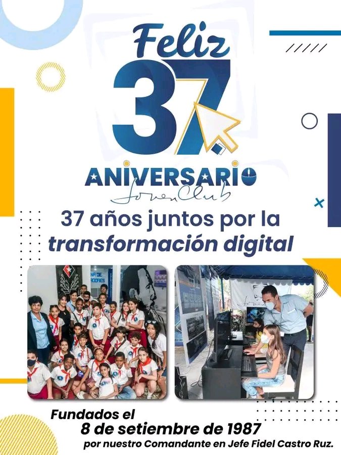 JCMayabeque's tweet photo. Llegó nuestro #37Aniversario. ¡Felicidades a todos los trabajadores de los Joven Club de Computación y Electrónica que inspirados en #Fidel, seguimos #UnidosXCuba aportando a la #TransformaciónDigital de nuestra sociedad! #JovenClubMayabeque hace camino al andar. https://t.co/xqmM35X4VO