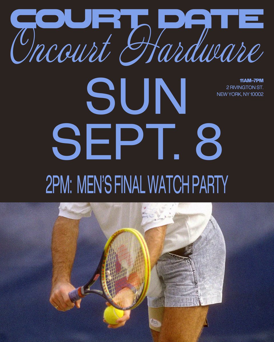 congrats <a href="/jayhinz/">Jay</a> you’re going to the <a href="/usopen/">US Open Tennis</a> men’s finals!

everybody else, we’ll be streaming <a href="/janniksin/">Jannik Sinner</a> vs. <a href="/Taylor_Fritz97/">Taylor Fritz</a> at the shop at 2pm.

2 rivington st.
new york, ny 10012