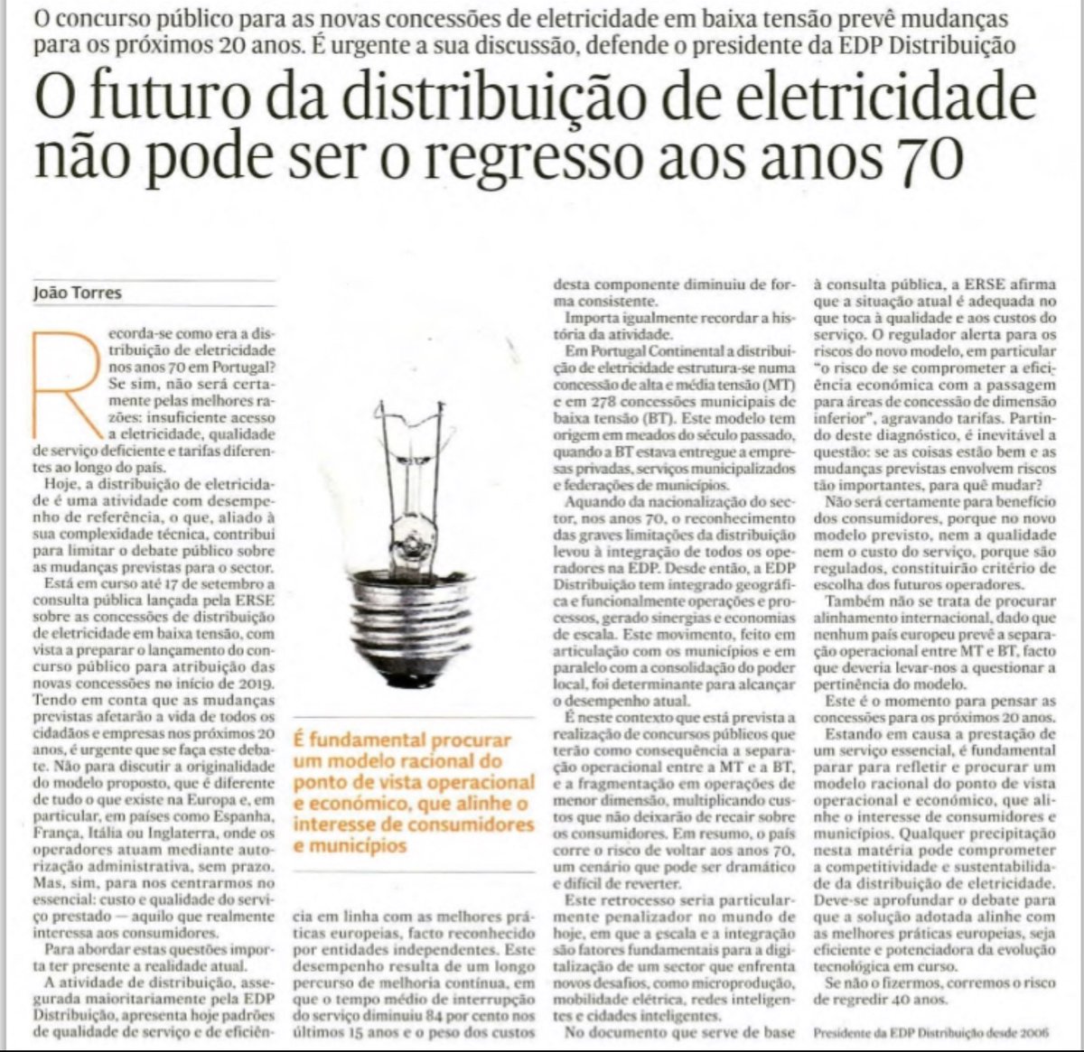 Foi em 2018, neste mesmo dia há 6 longos anos. Envelheceu bem 🤓 
Qd sabemos q tema teve recente evolução, retomo contributo recordando o q está de facto em causa.
#concessoesBT #distribuicao #eletricidade #autarquias #qualidadedeserviço #transicaoenergetica #custos 

<a href="/expresso/">Expresso</a>