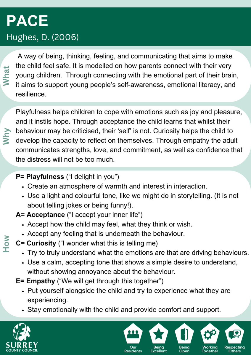 Our 2nd infographic is the Playfulness, Acceptance, Curiosity &amp; Empathy (PACE) model developed by Dan Hughes (2006). PACE is a way of being, thinking, feeling &amp; communicating that aims to make
the child feel safe &amp; support their self-awareness, emotional literacy and resilience.