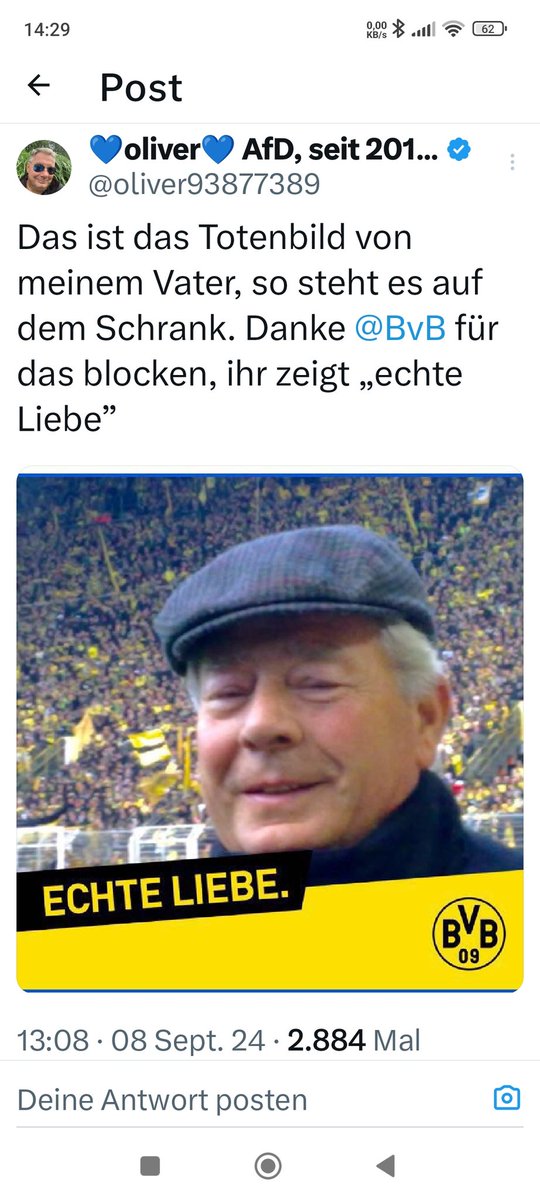 Der X User @oliver93877389 hat ein Bild von seinem verstorbenen Papa auf seinem Schrank stehen und ist selbst immer begeisterter Fan vom BVB gewesen.

Ihr vom <a href="/BVB/">Borussia Dortmund</a>
habt Oliver jetzt blockiert???

Also so geht man mit treuen Fans vom BVB in Dortmund um???

Schande über euch! 🤬