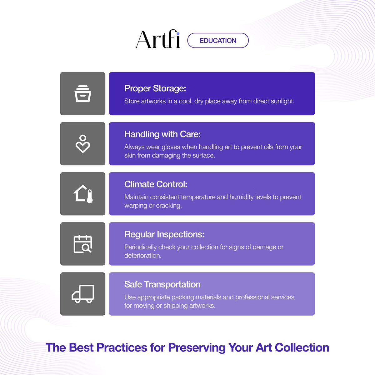Essential tips for protecting and maintaining the condition of art pieces, including storage, handling, and environmental control.
