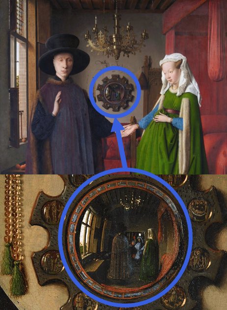 Strategies_Ads's tweet image. Ce tableau vieux de 600 ans est l'un des plus mystérieux de l'histoire de l'art.

Le miroir au fond de la scène, à peine 7,5 cm de large, cache de sombres secrets… (Thread)👇