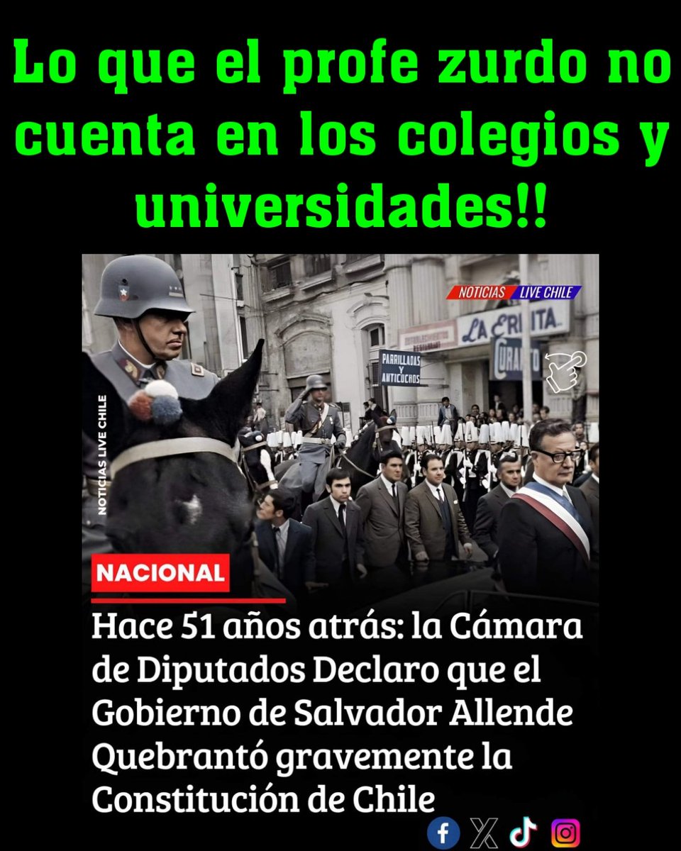 🔴 El 22 de agosto de 1973, la Cámara de Diputados de Chile aprobó una resolución en la que acusaba al gobierno del presidente Salvador Allende del (Partido Socialista) de quebrantar gravemente la Constitución del país. 

📌 Este documento, conocido como la "Declaración de la