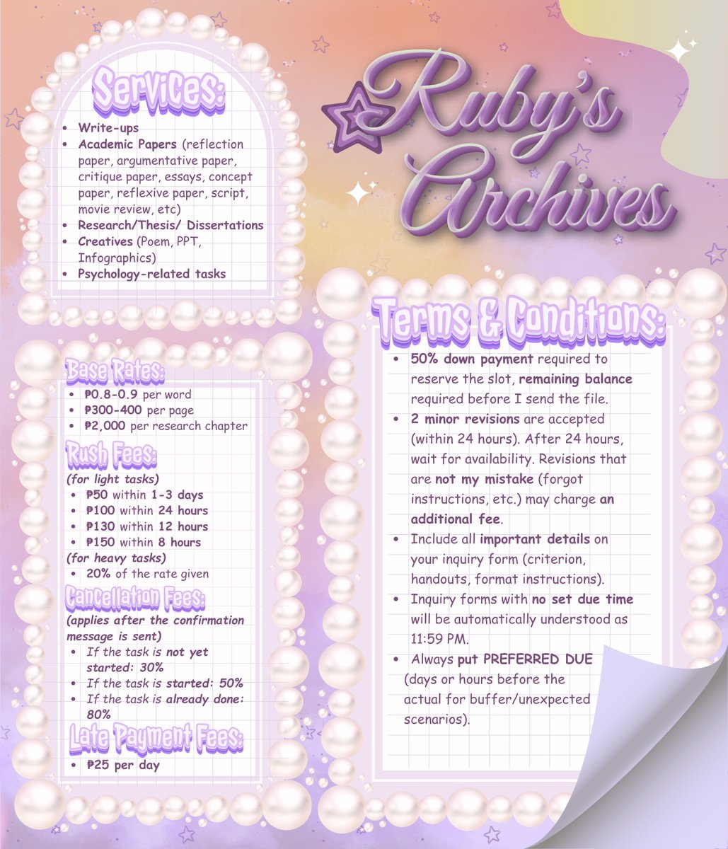 Got backlogs? Ease your tasks with Ruby's help! 🌟
This is Ruby, a writer, researcher, and a senior year BS Psychology major.  

౨ৎ˚  I provide writing assistance since 2020! (gleamwrites)
౨ৎ˚ Credentials, T&amp;C, rates, and contact info below.

🎀 Feedback: #RubysArchives 

—