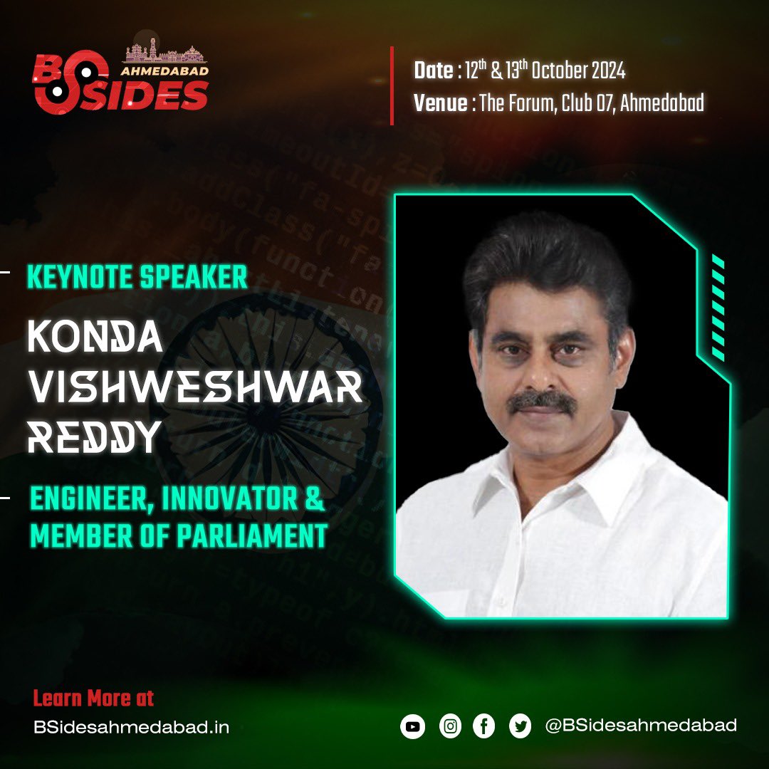Security BSides Ahmedabad (@bsidesahmedabad) on Twitter photo ๐ ๐๐ ๐ถ๐ ๐ผ๐๐ฟ ๐ถ๐บ๐บ๐ฒ๐ป๐๐ฒ ๐ต๐ผ๐ป๐ผ๐ฟ ๐๐ผ ๐๐ฒ๐น๐ฐ๐ผ๐บ๐ฒ ๐ฆ๐ต๐ฟ๐ถ ๐๐ผ๐ป๐ฑ๐ฎ ๐ฉ๐ถ๐๐ต๐๐ฒ๐๐ต๐๐ฎ๐ฟ ๐ฅ๐ฒ๐ฑ๐ฑ๐ (<a href="/KVishReddy/">Konda Vishweshwar Reddy</a>) ๐ฎ๐ ๐๐ต๐ฒ ๐๐ฒ๐๐ป๐ผ๐๐ฒ ๐ฆ๐ฝ๐ฒ๐ฎ๐ธ๐ฒ๐ฟ ๐ฎ๐ ๐๐ฆ๐ถ๐ฑ๐ฒ๐ ๐๐ต๐บ๐ฒ๐ฑ๐ฎ๐ฏ๐ฎ๐ฑ ๐ฌ๐
๐ฌ๐ฑ! ๐๐
Hon'ble Shri Reddy, ๐ ๐ฒ๐บ๐ฏ๐ฒ๐ฟ ๐ผ๐ณ ๐ ๐๐ ๐ถ๐ ๐ผ๐๐ฟ ๐ถ๐บ๐บ๐ฒ๐ป๐๐ฒ ๐ต๐ผ๐ป๐ผ๐ฟ ๐๐ผ ๐๐ฒ๐น๐ฐ๐ผ๐บ๐ฒ ๐ฆ๐ต๐ฟ๐ถ ๐๐ผ๐ป๐ฑ๐ฎ ๐ฉ๐ถ๐๐ต๐๐ฒ๐๐ต๐๐ฎ๐ฟ ๐ฅ๐ฒ๐ฑ๐ฑ๐ (<a href="/KVishReddy/">Konda Vishweshwar Reddy</a>) ๐ฎ๐ ๐๐ต๐ฒ ๐๐ฒ๐๐ป๐ผ๐๐ฒ ๐ฆ๐ฝ๐ฒ๐ฎ๐ธ๐ฒ๐ฟ ๐ฎ๐ ๐๐ฆ๐ถ๐ฑ๐ฒ๐ ๐๐ต๐บ๐ฒ๐ฑ๐ฎ๐ฏ๐ฎ๐ฑ ๐ฌ๐
๐ฌ๐ฑ! ๐๐
Hon'ble Shri Reddy, ๐ ๐ฒ๐บ๐ฏ๐ฒ๐ฟ ๐ผ๐ณ